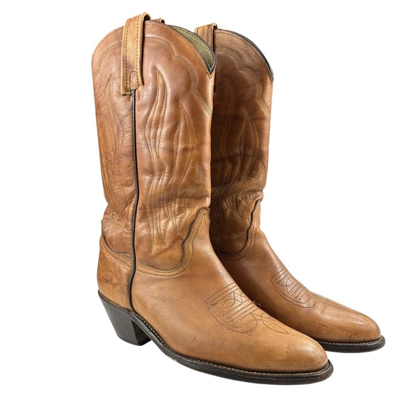 Vintage Frye Cowboy Boots Men's 9D Tan Leather Western Flame Stitch USA Made
